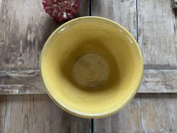 Old, French, Terracotta dairy bowl with yellow glazed interior