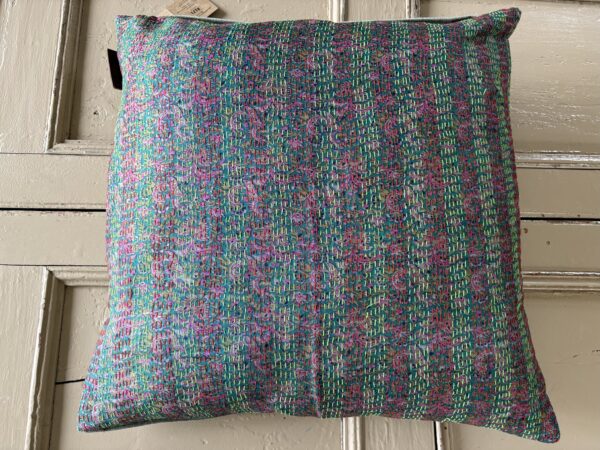 Handmade, Vintage, Silk, Kantha Cushion - 'Greens & Pinks'