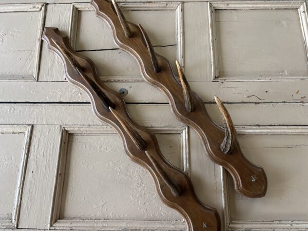 Pair Of 1930's French, oak, deer antler hooks