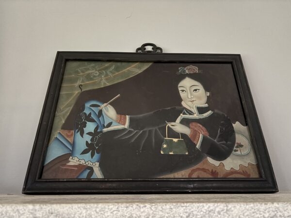 Japanese reverse glass painting of a geisha girl