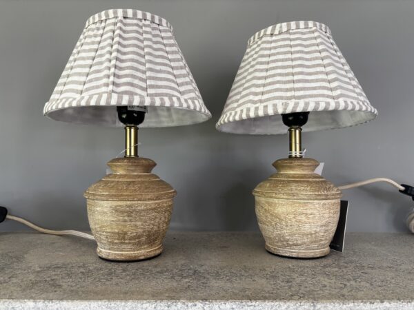 Small, Hand Carved, Wooden, Table Lamp With Striped Shade