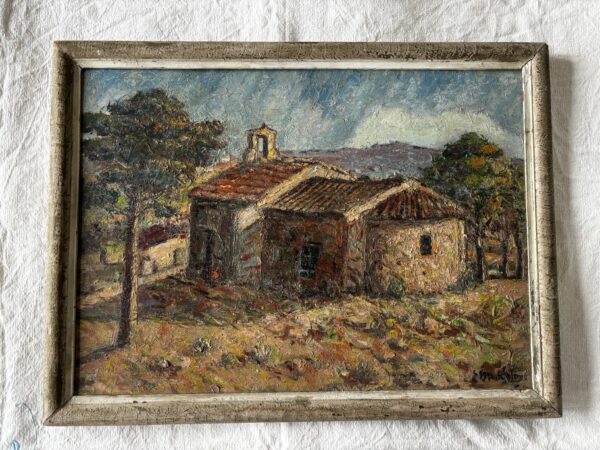 French, vintage, oil on board - 'Rural Church'