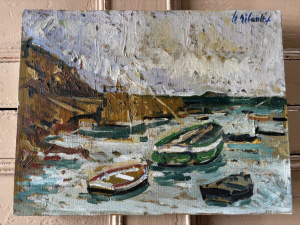 French, Vintage, Oil On Canvas - 'Fishing Boats'