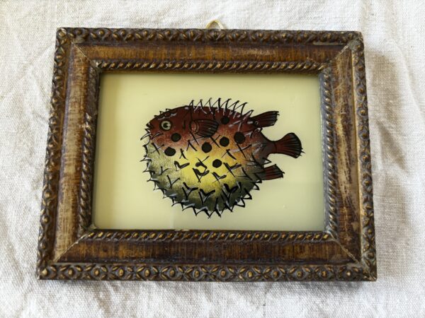 Glass painting in vintage frame 'Pufferfish'