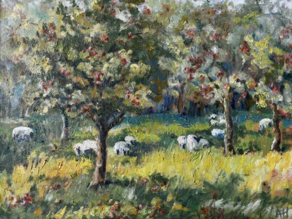 Vintage, Impressionist painting Sheep in the Orchard